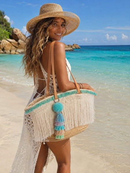 Panier de plage longues franges La plage boheme Panier de plage longues franges La plage boheme