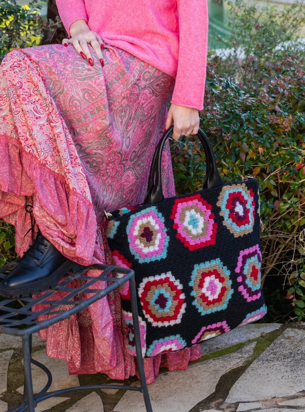 Sac crocheté années sixties Cabas grand sac