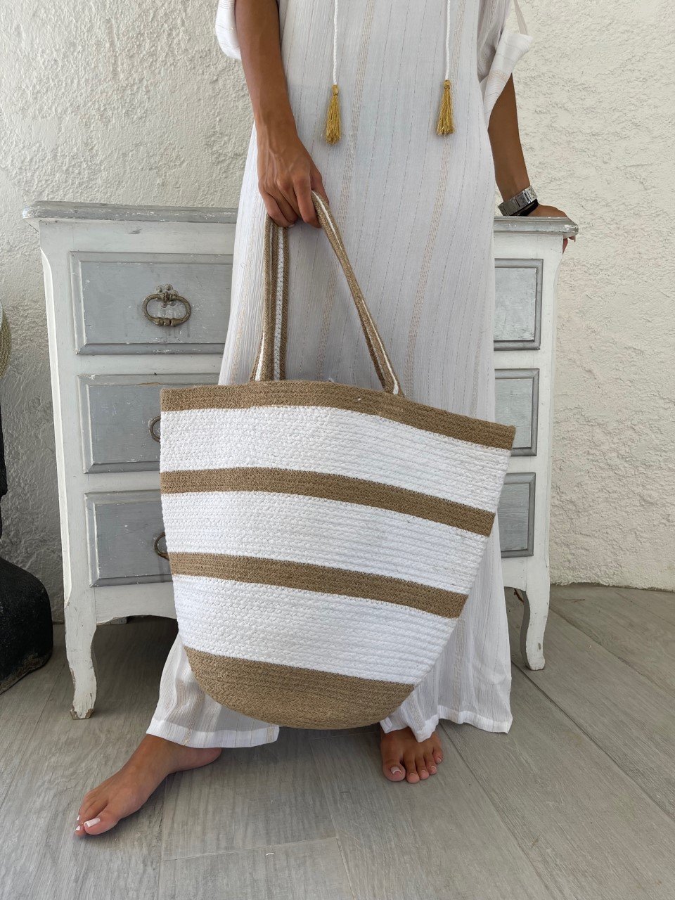 Grand sac de plage coton et jute Cabas Amour