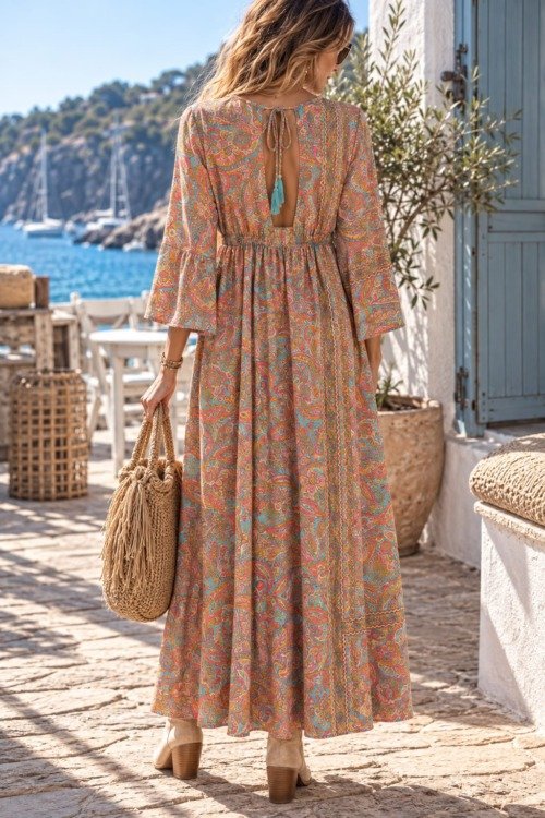 Robe longue bohème en soie Les nouveautés motif floral