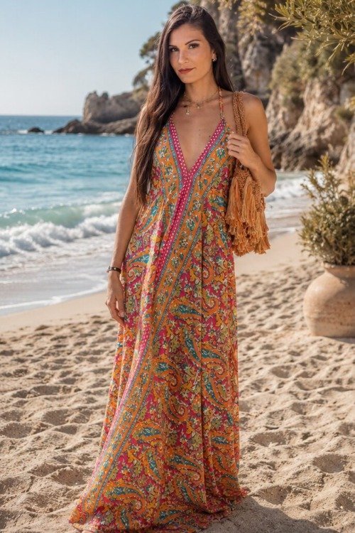 Robe dos nu au doux touché soie La plage boheme