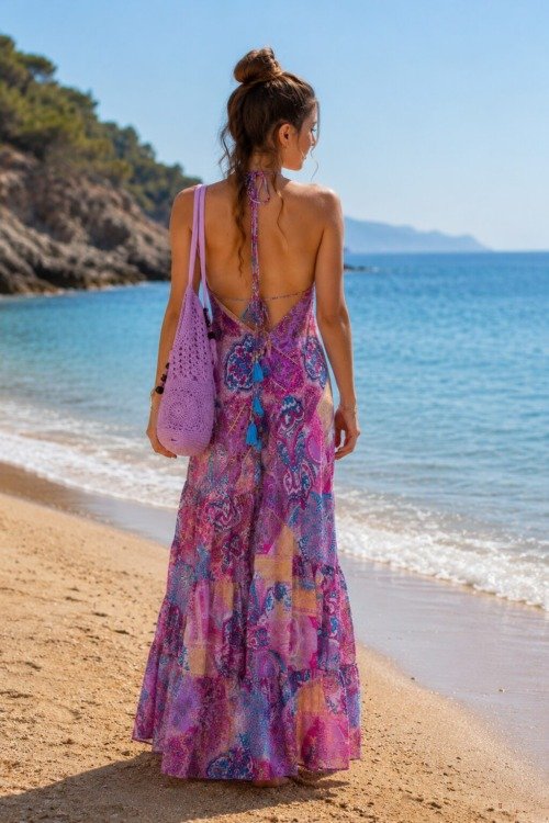 Robe dos nu liberty en soie La plage boheme