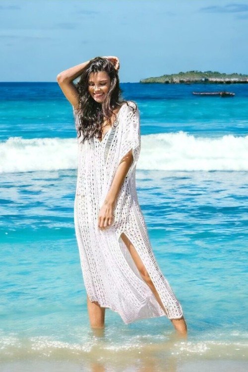 Long kaftan en coton crocheté La plage boheme