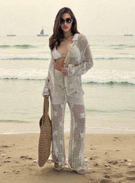 L’ensemble pantalon et veste en crochet La plage 100% coton
