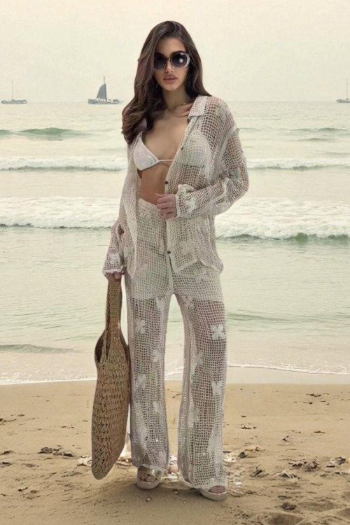 L’ensemble pantalon et veste en crochet La plage 100% coton
