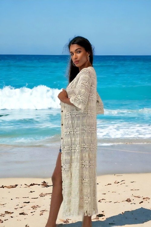 Gilet long en crochet petites franges La plage boheme