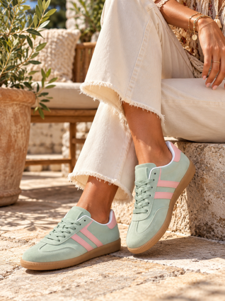 Baskets rétro vert amande et rose poudré Les chaussures baskets Baskets rétro vert amande et rose poudré Les chaussures baskets