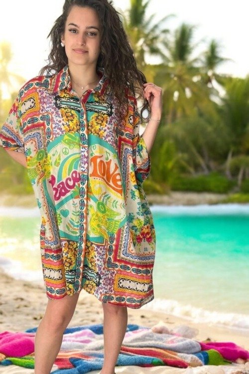 Chemise bohème PEACE AND LOVE en voile de coton La plage 100% coton