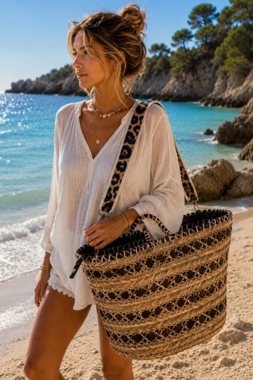 Panier de plage XXL avec bandoulière La plage motif léopard