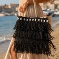 Panier de plage noir à franges et cauris La plage panier de plage