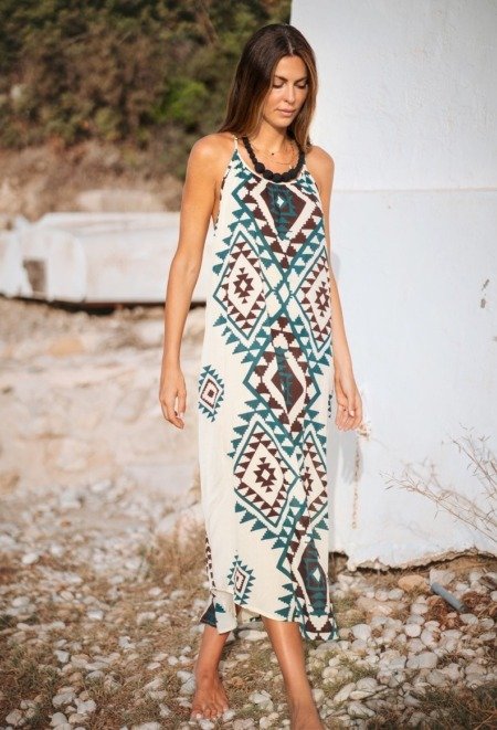 Robe d’été dos nageur au motif géométrique La Isla Bonita bohème chic