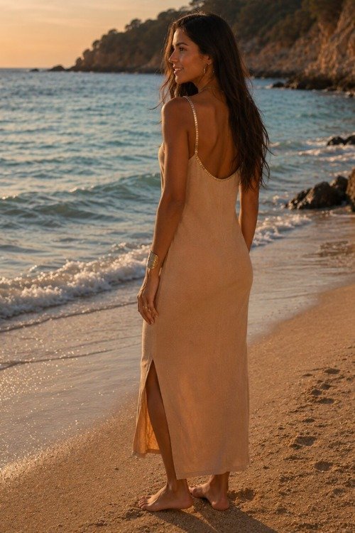 Robe déesse dos nu couleur camel La plage beachwear