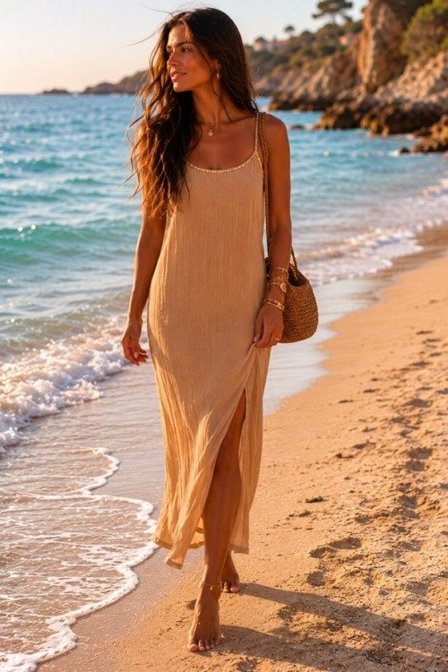 Robe déesse dos nu couleur camel La plage beachwear