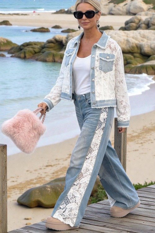 Jean délavé au detail dentelle Les nouveautés Coton