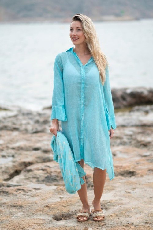 Chemise de plage en coton KARMA bleu turquoise La Isla Bonita 100% coton
