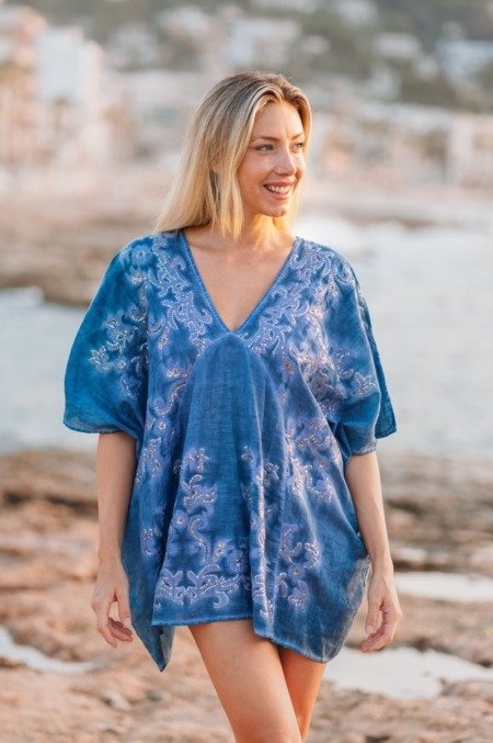 Kaftan court pour la plage bleu denim La Isla Bonita 100% coton