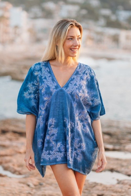 Kaftan court pour la plage bleu denim La Isla Bonita 100% coton Kaftan court pour la plage bleu denim La Isla Bonita 100% coton