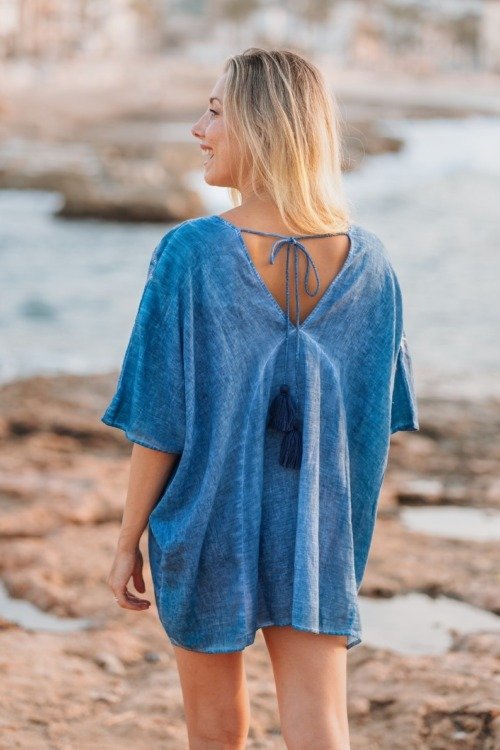 Kaftan court pour la plage bleu denim La Isla Bonita 100% coton Kaftan court pour la plage bleu denim La Isla Bonita 100% coton