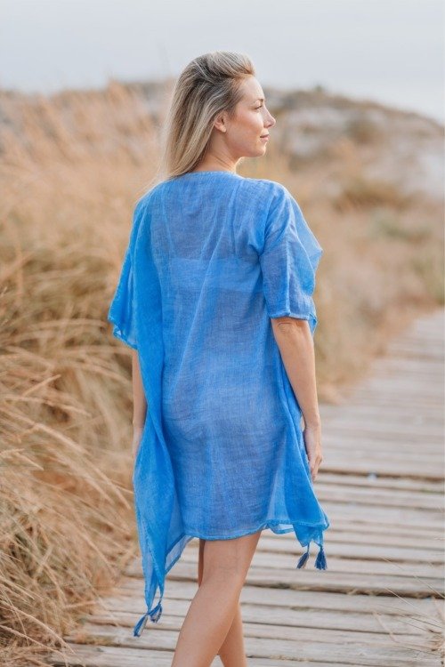 Kaftan pour la plage en voile de coton bleu Azur La Isla Bonita 100% coton Kaftan pour la plage en voile de coton bleu Azur La Isla Bonita 100% coton
