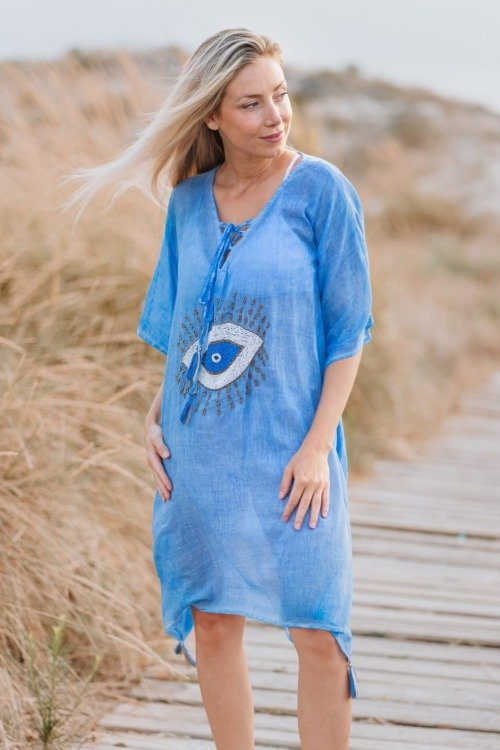 Kaftan pour la plage en voile de coton bleu Azur La Isla Bonita 100% coton Kaftan pour la plage en voile de coton bleu Azur La Isla Bonita 100% coton