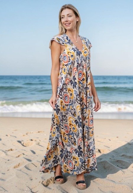 Longue robe petites manches 100% viscose La plage 100% viscose