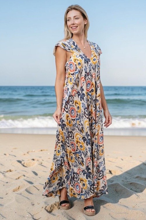 Longue robe petites manches 100% viscose La plage 100% viscose