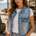 Veste en jean sans manches attrape-rêves La veste en jean boheme Veste en jean sans manches attrape-rêves La veste en jean boheme