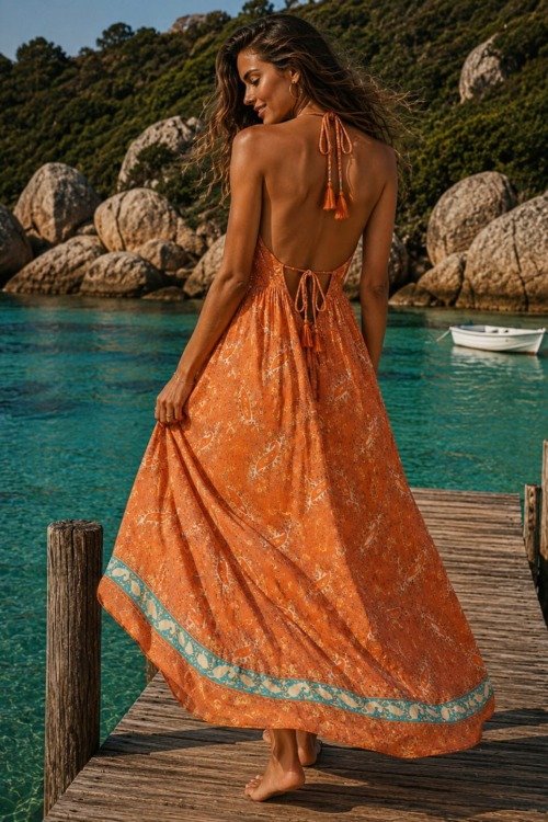 Robe longue en soie dos nu ultra élégante La plage boheme