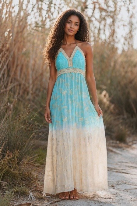 Robe dos nu au dégradé de couleurs turquoises La Isla Bonita bohème chic