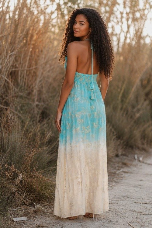 Robe dos nu au dégradé de couleurs turquoises La Isla Bonita bohème chic