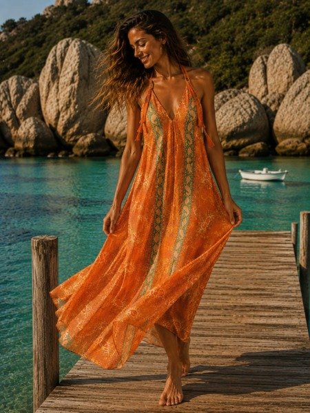 Robe longue en soie dos nu ultra élégante La plage boheme Robe longue en soie dos nu ultra élégante La plage boheme
