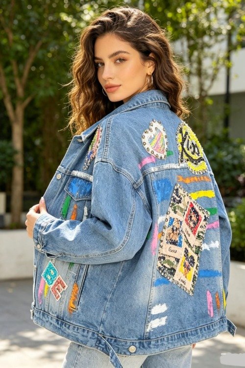 La veste en Jean bleu délavée follement colorée La veste en jean boheme