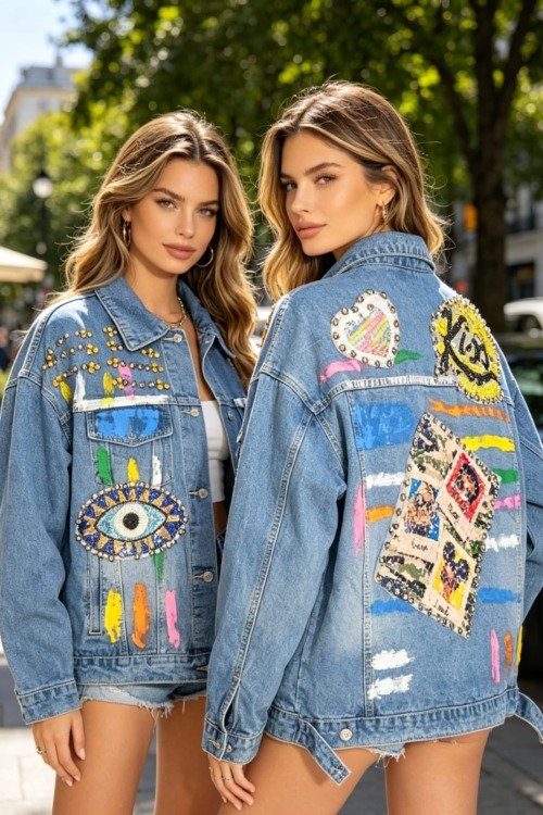La veste en Jean bleu délavée follement colorée La veste en jean boheme