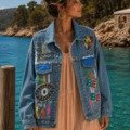 La veste en Jean bleu délavée follement colorée La veste en jean boheme