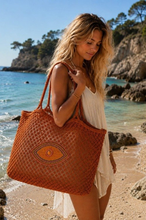 Grand sac de plage OEIL en macramé Cabas boheme