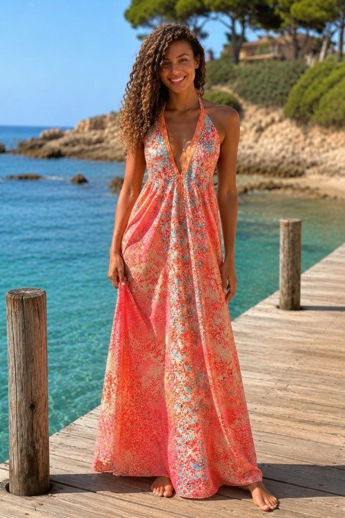 La robe dos nu en soie petites strass miroir La plage boheme