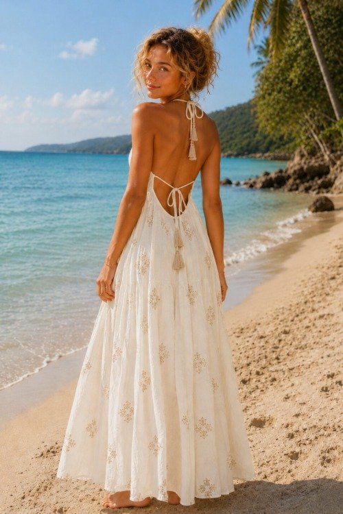 Longue robe dos nu 100% coton La plage boheme Longue robe dos nu 100% coton La plage boheme