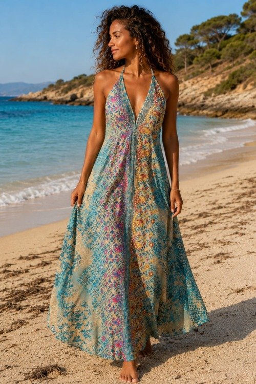 La robe dos nu en soie petites strass miroir La plage boheme