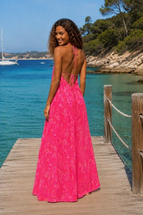 Robe dos nu en soie motif cachemire La plage boheme