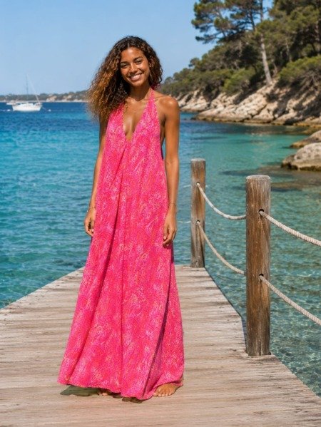 Robe dos nu en soie motif cachemire La plage boheme