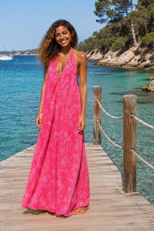 Robe dos nu en soie motif cachemire La plage boheme