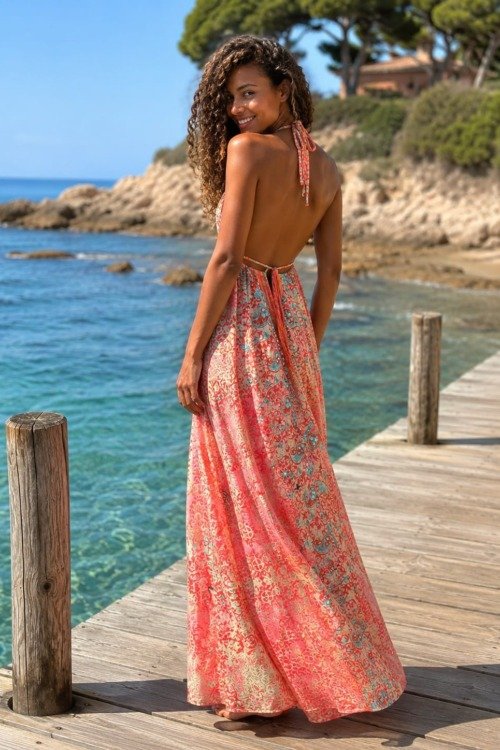 La robe dos nu en soie petites strass miroir La plage boheme