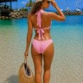 Maillot de bain 2 pièces BB Rose dragée L'ESPRIT RIVIERA broderie anglaise