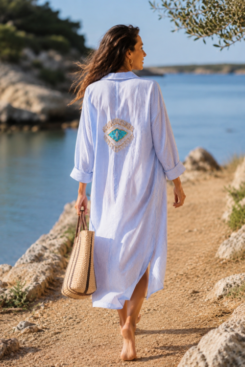 Chemise de plage en coton fines rayures La Isla Bonita 100% coton