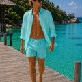 Chemise en lin pour Homme Les nouveautés bleu turquoise Chemise en lin pour Homme Les nouveautés bleu turquoise