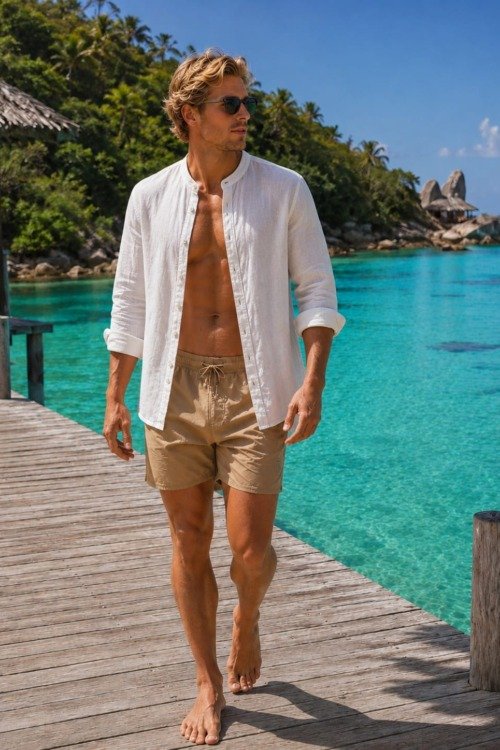 Chemise blanche col mao en lin et coton Les nouveautés Chemise
