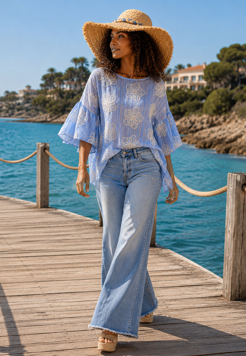 Blouse col arrondi en tencel bleu ciel La Isla Bonita blouse d'été