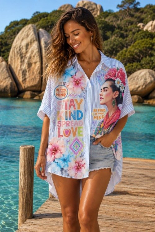 Chemise bohème Frida KAHLO Hibiscus La Isla Bonita 100% coton