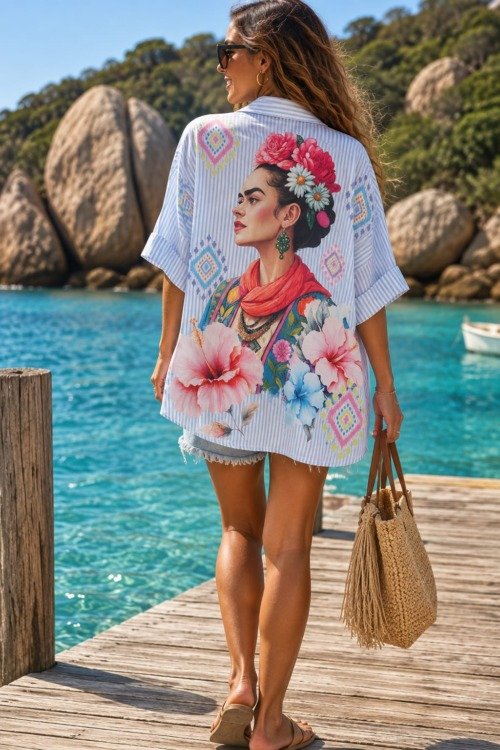 Chemise bohème Frida KAHLO Hibiscus La Isla Bonita 100% coton