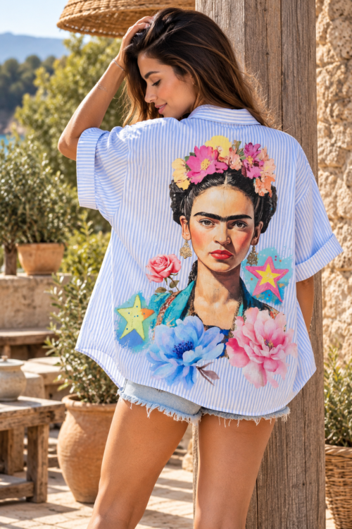 Chemise bohème Frida KAHLO I LOVE YOU La Isla Bonita 100% coton